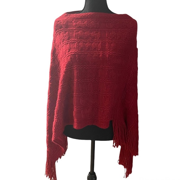 Unbranded Sweaters - Knit Sweater Poncho Red Fringe Trim OS